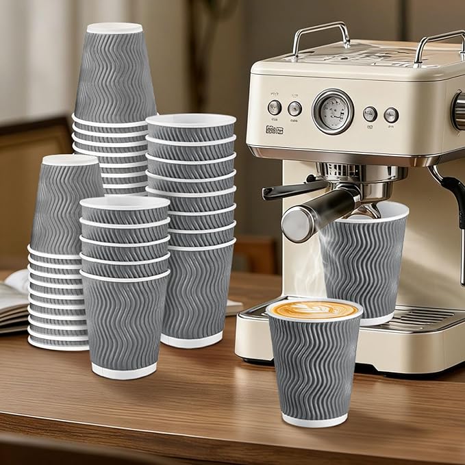 Coffee Cups 10 oz 120 Pack, Corrugated Insulated Ripple Wall Disposable Paper Coffee Cups 10oz, To Go for Hot Beverage or Cold Drinks Office/Home/Cafe/Party/Travel (Grey)