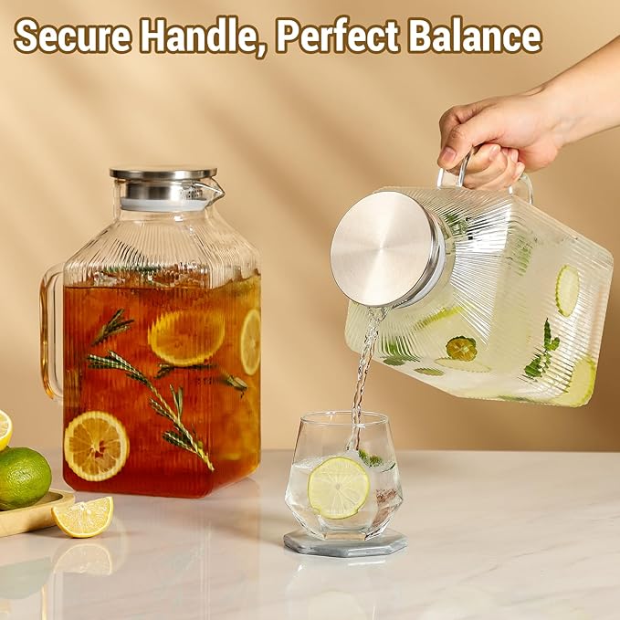 2 Pack 1 Gallon thickened Square Glass Pitcher with Lid, Classic Stripes Water Pitchers for Fridge, Borosilicate Glass Carafe for Hot/Cold Brew Drink, Extra Large Jug with Handle for Iced Tea, Coffee