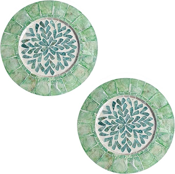 i-lan 2Pack 13" Mother of Pearl Decorative Charger Plates Display,Sea Shell Inlay Wood Charger Plates for Dining, Party,Diner Table Modern Decorative Placemats for Home Decor,Blue-green Leaf