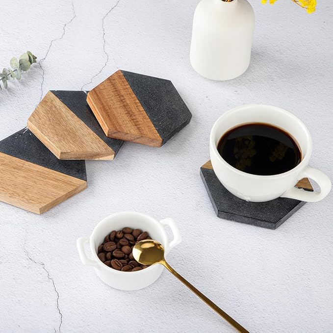 Wood Black Marble Coasters for Drinks, Modern Rustic Acacia Hexagon Coaster Set Decorative Bar Coaster for Coffee Wooden Table Beer Mug Christmas Housewarming Wedding Home Decor 4Pcs