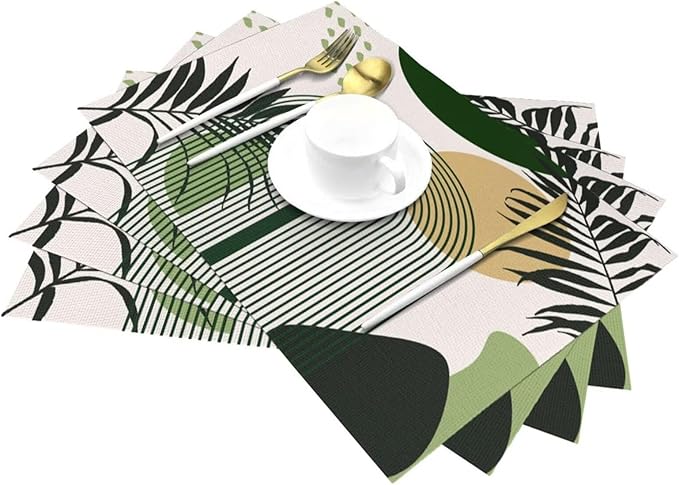 Boho Mid Century Sun Placemats Printed Modern Rainbow Leaves Green Design Washable Place Mats 12x18Inch for Dining Kitchen Farmhouse Decor 4 PCS