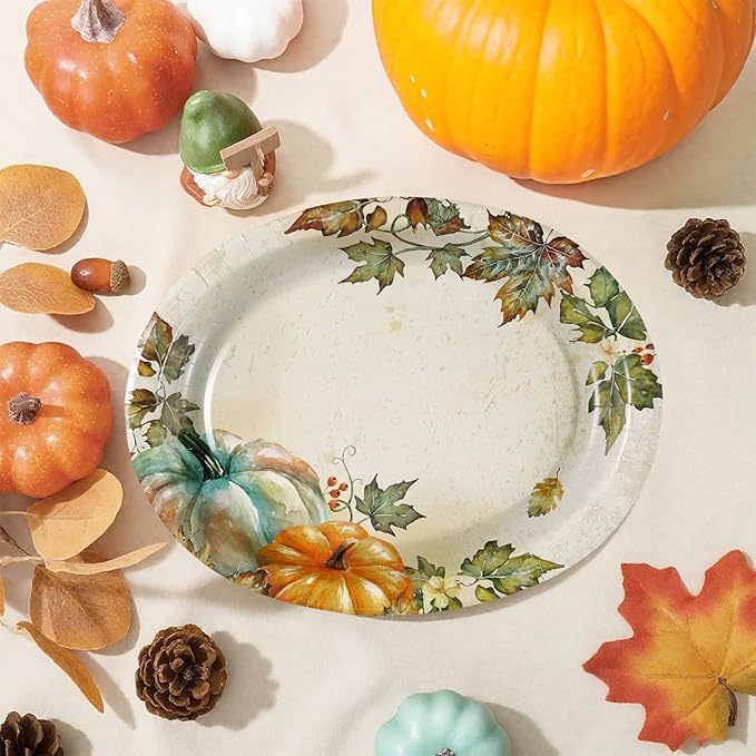 50 Pcs Fall Oval Paper Plates 10"×12" Large Vintage Watercolor Pumpkins Plates Disposable Heavy Duty Thanksgiving Platters for Fall Thanksgiving Party Decorations Autumn Holiday Harvest Party Supplies