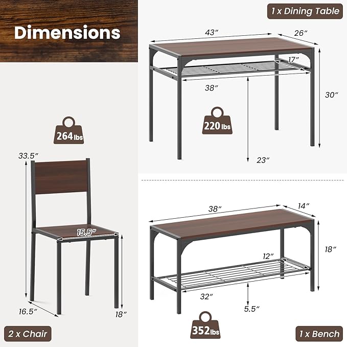 Giantex Dining Table Set for 4, Kitchen Table with Chairs & Bench, Storage Racks, Metal Frame, 4-Piece Space-Saving Dinette Set for Dining Room, Breakfast Nook, Small Space, Apartment, Walnut