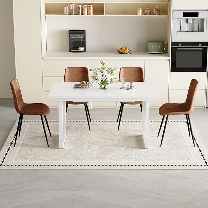 Extendable Dining Table Set for 4, 55"–71" Modern White Kitchen Table with 4 Upholstered Chairs, Space-Saving for Living Room Apartment, Sturdy & Comfortable, Easy Assembly