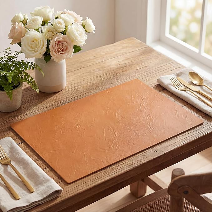 Artoid Mode Rust Faux Leather Placemats Set of 4, 12x18 Inch Waterproof Wipeable Heat Resistant Vinyl Place Mats, Reversible Table Mats for Fall Kitchen Dining Decor