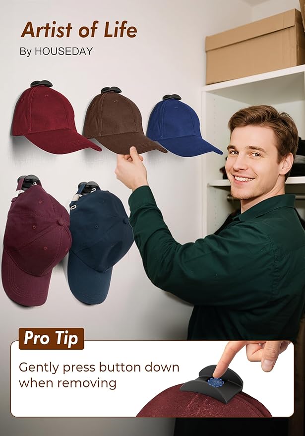 HOUSE DAY Adhesive Hat Hooks for Wall 16 Pack, Strong Hat Rack for Baseball Cap Display Organizer, Hats Holder for Wall, Door, Closet, No Drilling, Black