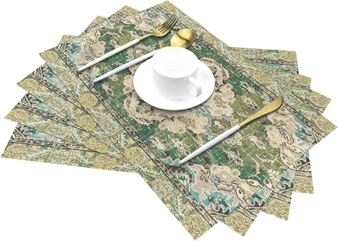Sage Green Placemats 12x18 Inches Set of 4, Boho Vintage Ethnic Carpet Decorative Rectangle Table Mats for Party, Home Kitchen,Dining Table Decoration