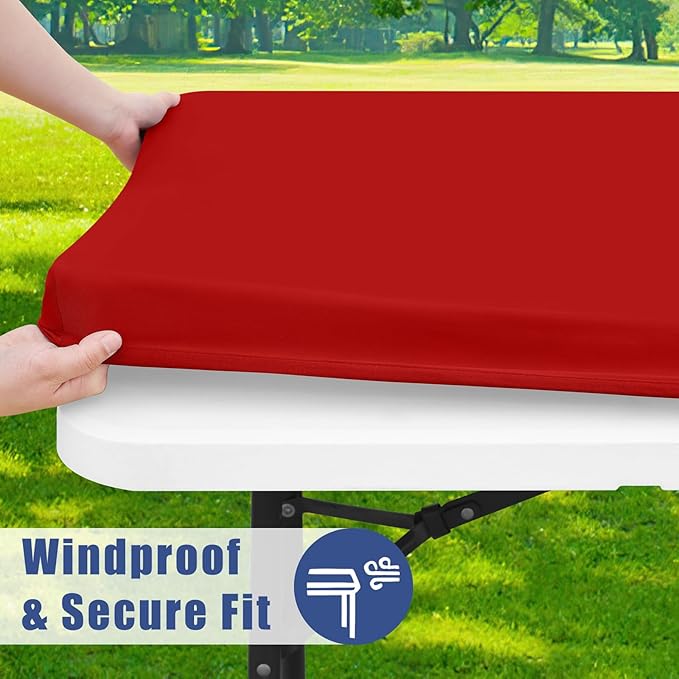 Spandex 6 Foot Rectangle Christmas Table Cloth 2 Pack, Elastic Fitted Tablecloths for Picnic, Stretch Washable Patio Table Cover for Outdoor, Camping, Banquet and Parties (Red, 30"x72")
