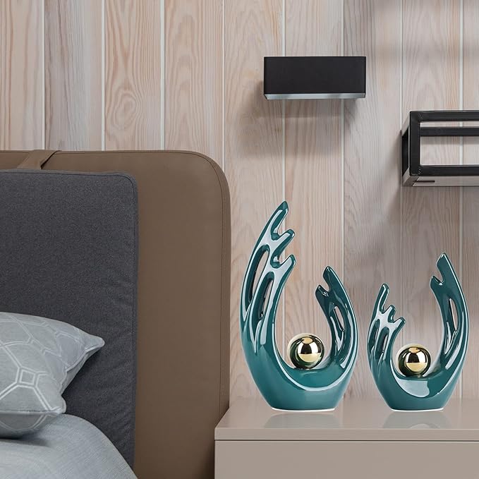 LCCCK 9.5" H Teal Gold Aesthetic Room Decor Accent, TV Stand Funky Table Centerpiece, Abstract Art Ceramic Statue and Sculpture, Teal Decor for Living Room, Bookshelf Decorative Objects, Shelf Decor