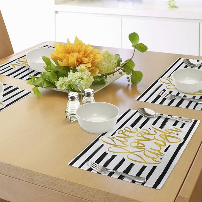 Ambesonne Live Laugh Love Place Mats Set of 4, Romantic Design Hand Drawn Stripes and Calligraphic Text, Washable Fabric Placemats for Dining Table, Standard Size, White Yellow