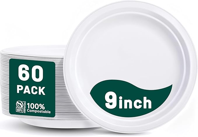 DaYammi 100% Compostable Paper Plates 9 Inch, 60-Pack Heavy Duty Paper Plates Bulk,Biodegradable Bagasse,Eco-Friendly Disposable Dinner Plate for BBQ,Picnic,Party (BPI Certified,Microwaveable)