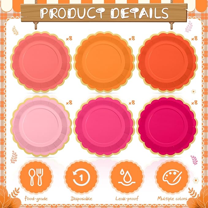 48 Pcs Pink and Orange Paper Plates 9 Inch Scalloped Paper Plates Disposable Dinner Dessert for Birthday Wedding Bridal Party Supplies, 6 Colors