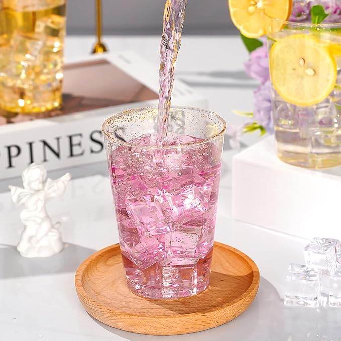 Goodluck 12 oz 100 PCS Gold Glitter Plastic Cups, Disposable Glitter Cups, Elegant Plastic Cocktail Glasses, Fancy Party Cups for Wedding, Birthday, Holiday