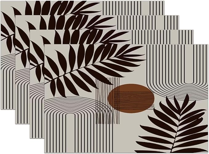 Mid Century Abstract Boho Placemats Geometric Neutral Beige Modern Leaf Plant Semicircle Art Washable Place Mats 12x18Inch for Dining Kitchen Farmhouse Decor 6 PCS