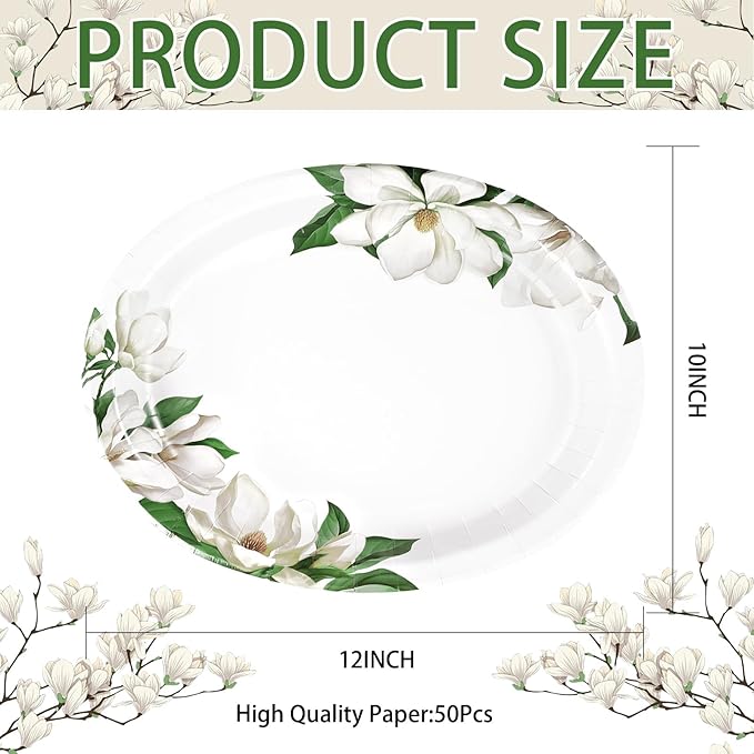 50 Pcs Magnolia Floral Oval Paper Plates Large 10"x12" White Magnolia Floral Plates Disposable Heavy Duty White Flowers Green Leaf Plates for Spring Wedding Bridal Shower Decor Birthday Party Supplies