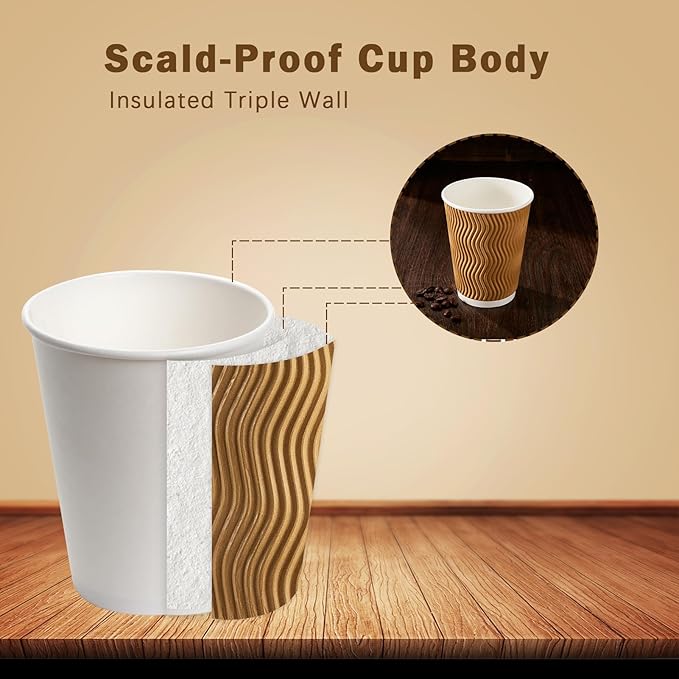150 Pack 8 oz Coffee Cups, Disposable Corrugated Insulated Ripple Wall Paper Coffee Cups 8 OZ for Hot or Cold Drinks Office Home Cafe Party Travel (Champagne)