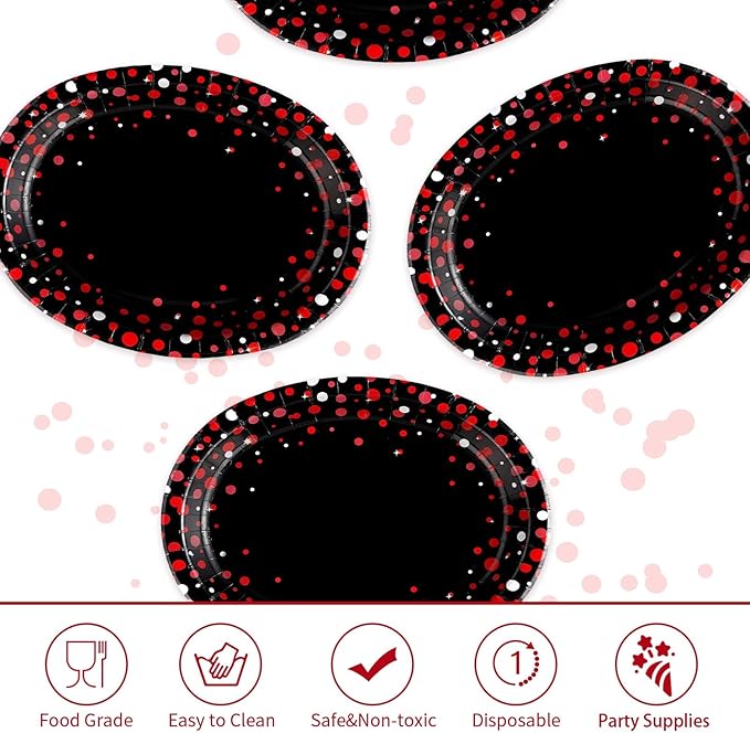 50 Pcs Black and Red Oval Plates 10" x 12" Large Red Dot on Black Party Plates Disposable Heavy Duty Valentine's Day Paper Plate for Valentines Day Fiesta Congrats Wedding Birthday Party Decorations