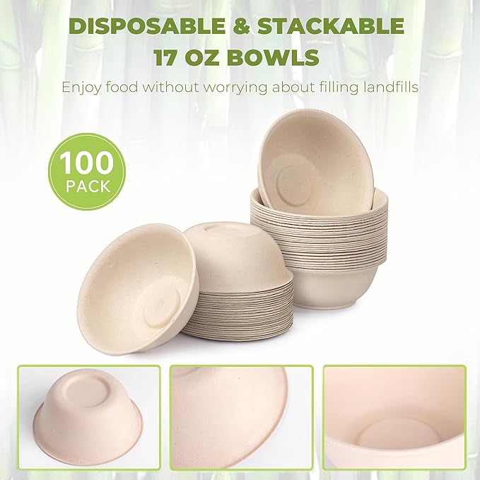 17 oz Paper Bowls (100 Pack) Disposable Bamboo Bowls - Heavy Duty, Microwavable Oven Safe - Perfect for Salads, Ice Cream, Hot Soups, Cereals & Party Fun - Eco-Friendly, Leak-Proof