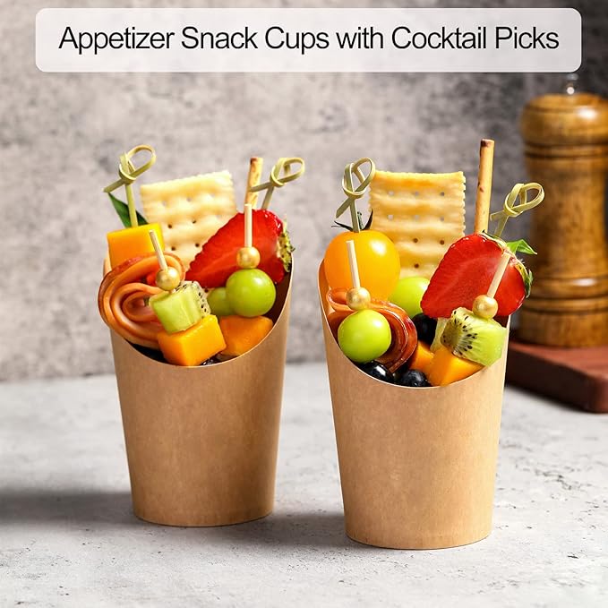 Disposable Charcuterie Cups 120 PCS with 200PCS Sticks and 120PCS Bags, 14 oz Kraft Paper Snack Boxes Appetizers Cup French Fry Holder with Cocktail Skewers Toothpicks Tooth Picks, Brown