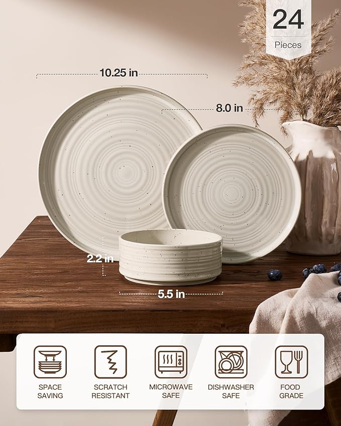 Stoneware Dinnerware Set, Highly Chip & Scratch Resistant Everyday Plates and Bowls for 8 (24pcs), Reactive Glaze Speckled Ceramic Straight Dishes with Gift Box, Microwave Dishwasher Safe, Shell Beige