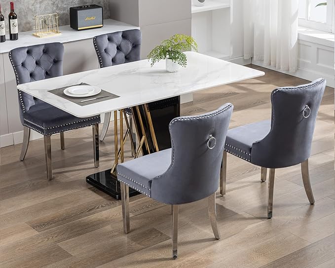 KCC Velvet Dining Chairs Set of 4, Upholstered High-end Tufted Dining Room Chair with Nailhead Back Ring Pull Trim Stainless Steel Legs, Contemporary Nikki Collection Modern Style for Kitchen, Gray