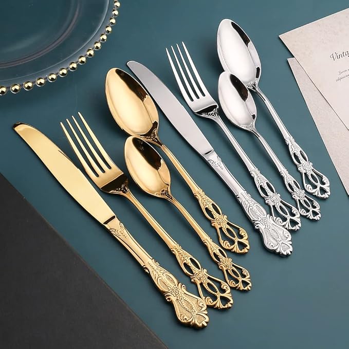 Silverware Set for 6 Stainless Steel Flatware Set Palace Style Hollow Relief Decoration 24 Piece Cutlery Utensils Include Knives Forks and Spoons Tableware Set for Home Kitchen Restaurant Party