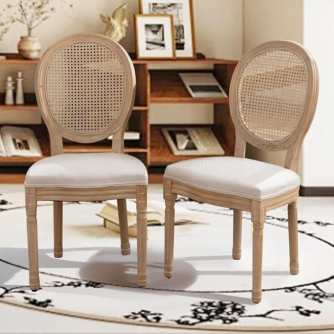 SoarFlash French Dining Chairs Set of 4, Vantage Dining Chair with Round Back, Farmhouse Country Rattan Dining Chair for Kitchen,Bedroom,Beige