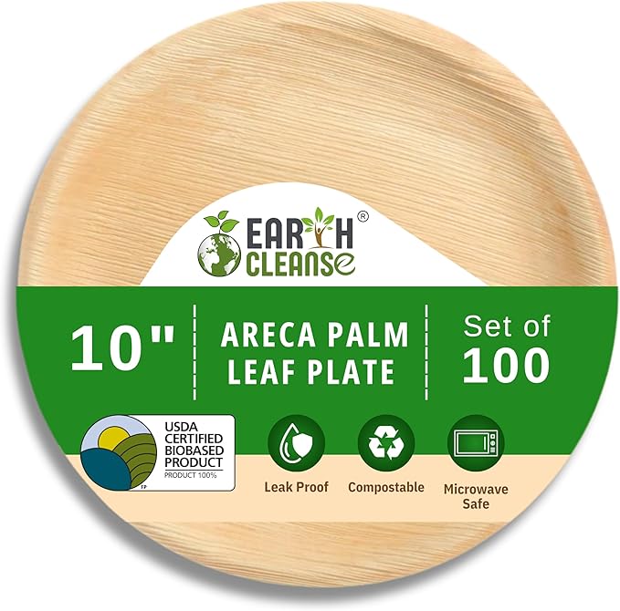 Compostable Palm Leaf Plates 10 Inch Round (100 Pack) | Disposable Biodegradable Plates Like Bamboo & Wooden | Microwave & Oven Safe | Eco-Friendly Dinnerware for Parties & Events