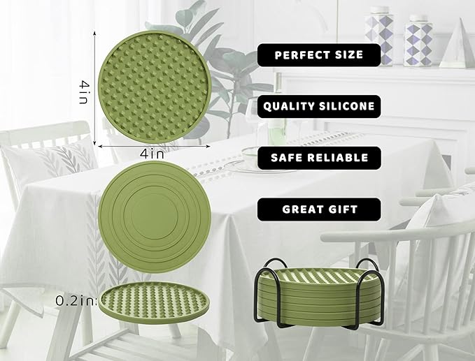 Coasters for Drinks 6 Pack Drinking Coaster with Holder,Heat Resistant Silicone Cup Mat Tabletop Protection,Non-Slip Rubber Coasters for Kinds of Cups (Green)