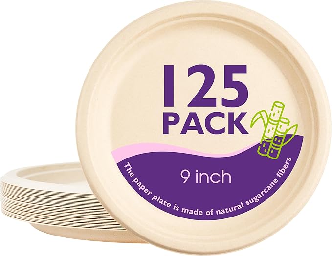 9 Inch 125 Pack Compostable Paper Plates, Biodegradable Heavy Duty Disposable Plates, Round Unbleached Brown Plates Made from Natural Sugarcane Fibers, for Party, Camping, Picnic