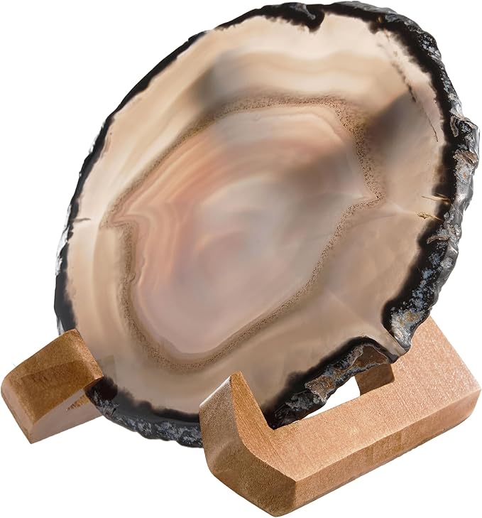 Luxury Lane Large Natural Brazilian Agate Slice Geode Rock Stone Drink Coaster with Wood Holder 4.7-5.5 inch Centerpiece Table Decoration, Ash Gray