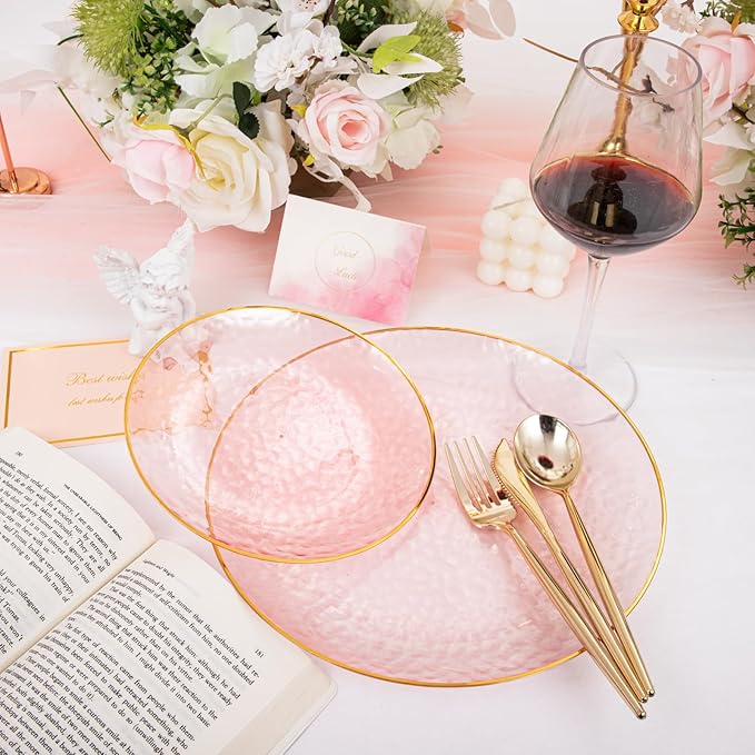 Rubtlamp 60Pcs Pink Plastic Plates,Clear Pink Plates With Gold Rim,Hammered Gold Plates Include 30Pink Plastic Dessert Platos, 30Gold Dinner Platos For Party