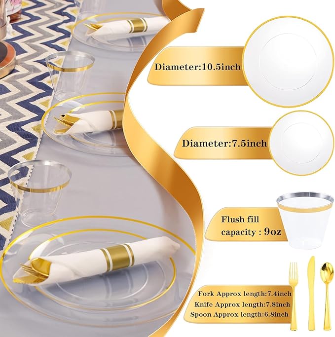 Rubtlamp 140Pcs Gold Plastic Plates, Clear Disposable Plates with Gold Trim, gold Dinnerware Include 20Dinner Plates,20Salad Plates, 20Cups,20Silverware With Pre Rolled Napkins