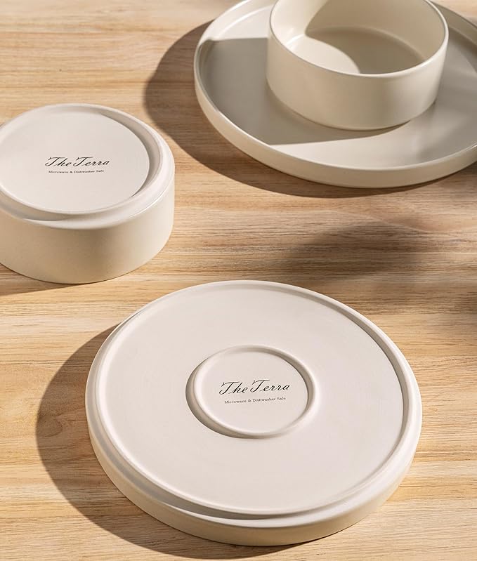 TheTerra Ceramic Dinnerware Sets for 4, 12 Pieces Handmade Reactive Glaze Plates and Bowls Set, Scratch Resistant Dish Set, Oven & Microwave & Dishwasher Safe, Ice Cream