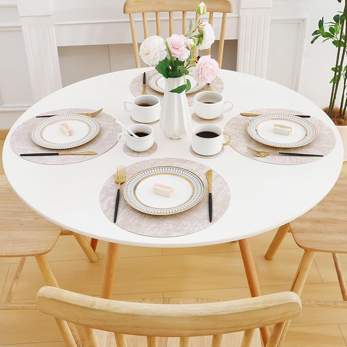 Homaxy Round Faux Leather Placemats and Coasters, Washable Dual-Side Table Mats, Wipeable Heat-Resistant Dining Place Mats for Outdoor and Indoor, Set of 8, Diameter 13 and 3.93 inch, Beige