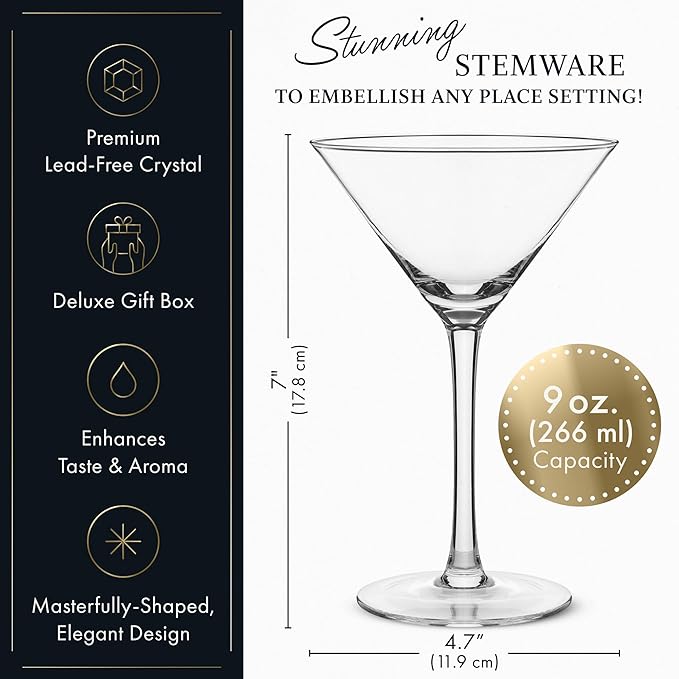 ELIXIR GLASSWARE Martini Glasses Set of 2-9 oz - Hand Blown Crystal Martini Glasses with Stem - Elegant Cocktail Glasses for Bar, Martini, Cosmopolitan, Manhattan Cocktail Glass Set