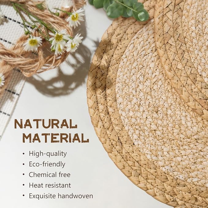 13 in Woven Placemats Plate Chargers Set of 8, Boho Farmhouse Rustic Round Place Mats for Dinner Plates, Rattan Wicker Table Mats Chargers for Dining Table Decor