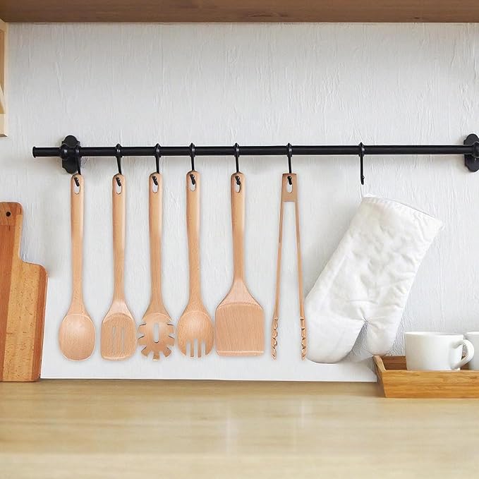 Wooden Cooking Utensils, 6 Pieces Natural Beech Wooden Spoons For Cooking with Unique Notch & Heat Resistant Design, Non-Stick Wood Kitchen Utensil Set with Hanging Hole for Kitchen Essentials