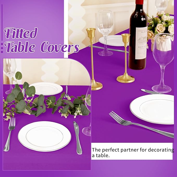 HAISIWLKJ 3 Pack Table Cloth 8ft Purple Tablecloths for Rectangle Folding Table Spandex Fitted Stretch Table Cover Wrinkle Resistant Washable Table Protector for Party, Wedding, Banquet, Festival.