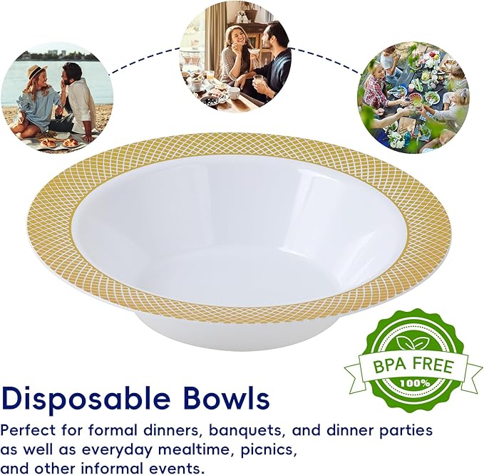 JOLLY CHEF 100 Disposable Plastic Bowls, 12oz Heavy Duty Disposable Dinner Bowls, Dessert Bowls with Gold Rim for Party, Dinners, Catering, Thanksgiving and Everyday Use