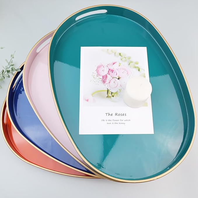 Orange Oval Decorative Tray with Handles, Versatile Serving Tray for Coffee Table, Ottoman, Ideal for Serving, Displaying, Organizing