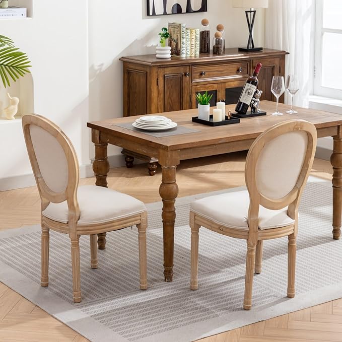 Ball & Cast French Vintage Upholstered Dining Chairs Set of 2, Farmhouse Antique Painting Wooden Kitchen Side-Chairs with Carved Solid Wood Frame, 2-Piece Curved Backrest Louis Chair, Linen Beige