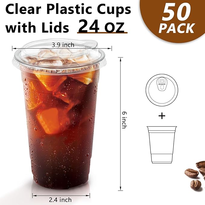 24 oz 50 Pack Clear Plastic Cups with Lids, Sturdy Iced Coffee Cups with Sip Lids, Disposable Food Safe Smoothie Cup for Cold Drinks, Juice, Milkshake