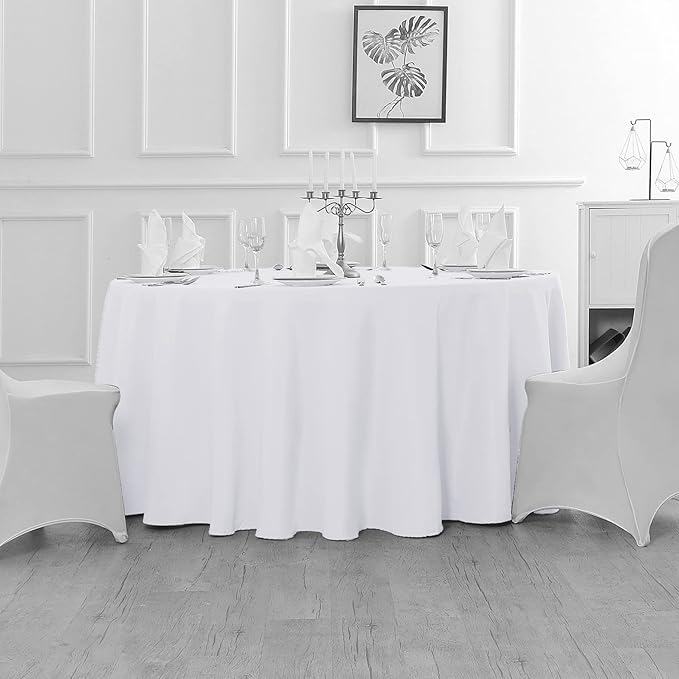 Fokitut 6 Pack Waterproof Round Tablecloth, 132 Inch, Stain Resistant and Wrinkle Polyester Table Cloth, Fabric Table Cover for Kitchen Dining, Wedding, Party, Holiday Dinner-White