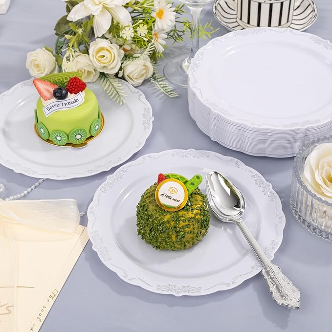 DaYammi 60PCS White and Silver Plastic Plates, Heavy Duty White and Silver Disposable Plates Premium 7.5inch White Dessert Cake Salad Appetizer Platos Hard Plastic Platos Disposable for Party Wedding
