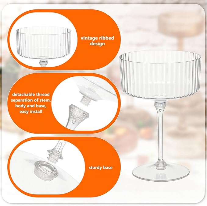 200 Pcs Ribbed Martini Glasses 10 oz Disposable Plastic Vintage Ribbed Coupe Glasses Unbreakable Dessert Parfait Glassware for Wedding Birthday Party Supplies (Clear)