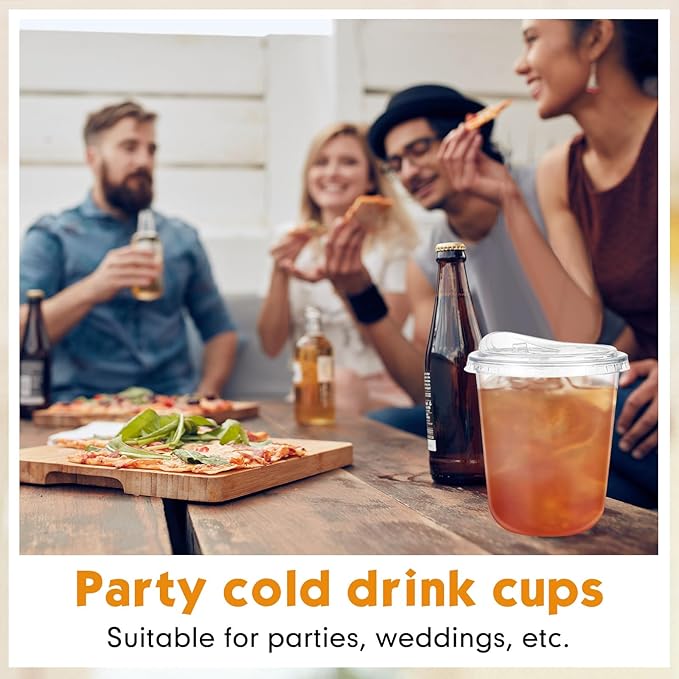 50 Sets 14 oz Clear Plastic Cups with Strawless Sip Lids, Thickened Clear Disposable Plastic PET Crystal Cups for Iced Coffee, Smoothie, Cold Beverage, Drink Shops and Party Catering