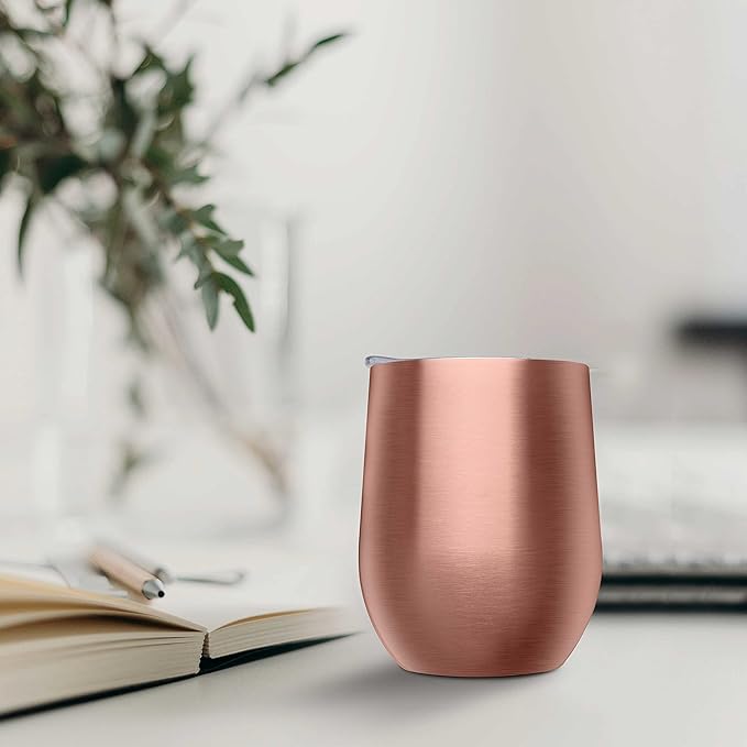 DISCOUNT PROMOS Stemless Wine Glass Tumblers with Lids by Largo 11 oz. Set of 6, Bulk Pack - Perfect for Wine, Cocktails, Other Hot & Cold Beverages - Rose Gold