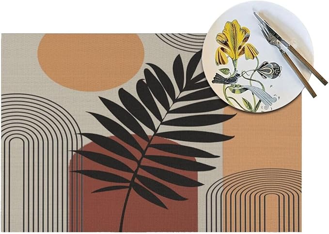 Art Boho Mid Century Placemats, Sun Brown Leaves Rainbow Color Blocks Modern Washable Place Mats 12x18Inch for Dining Kitchen Farmhouse Decor 4 PCS
