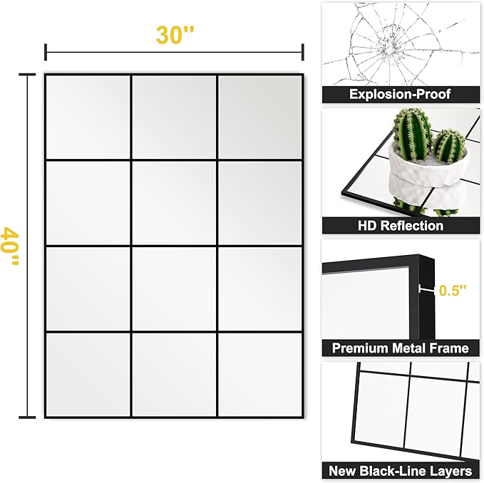 Window Pane Wall Mirror, 40"x30" Wall Mounted Window Mirror for Living Room, Bedroom, Entryway, Dining Room, Home Wall Decor